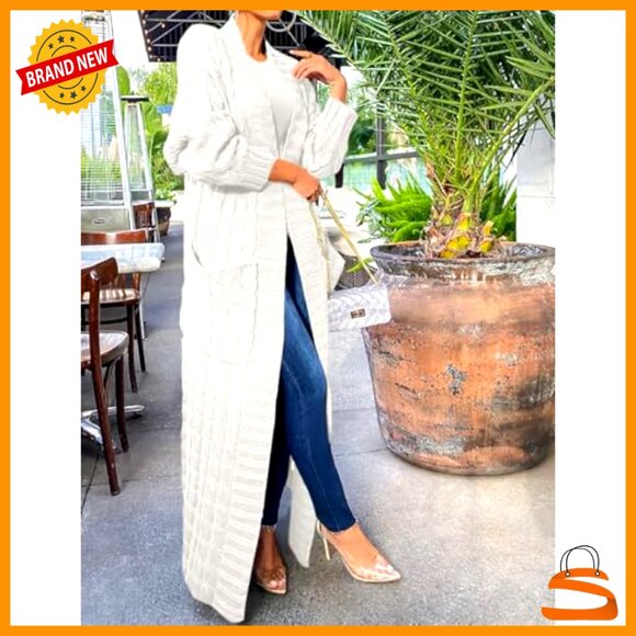 Oversized Cable Knit Maxi Cardigan Chunky Knit Loose Fit Ankle Length - Picture 5 of 6